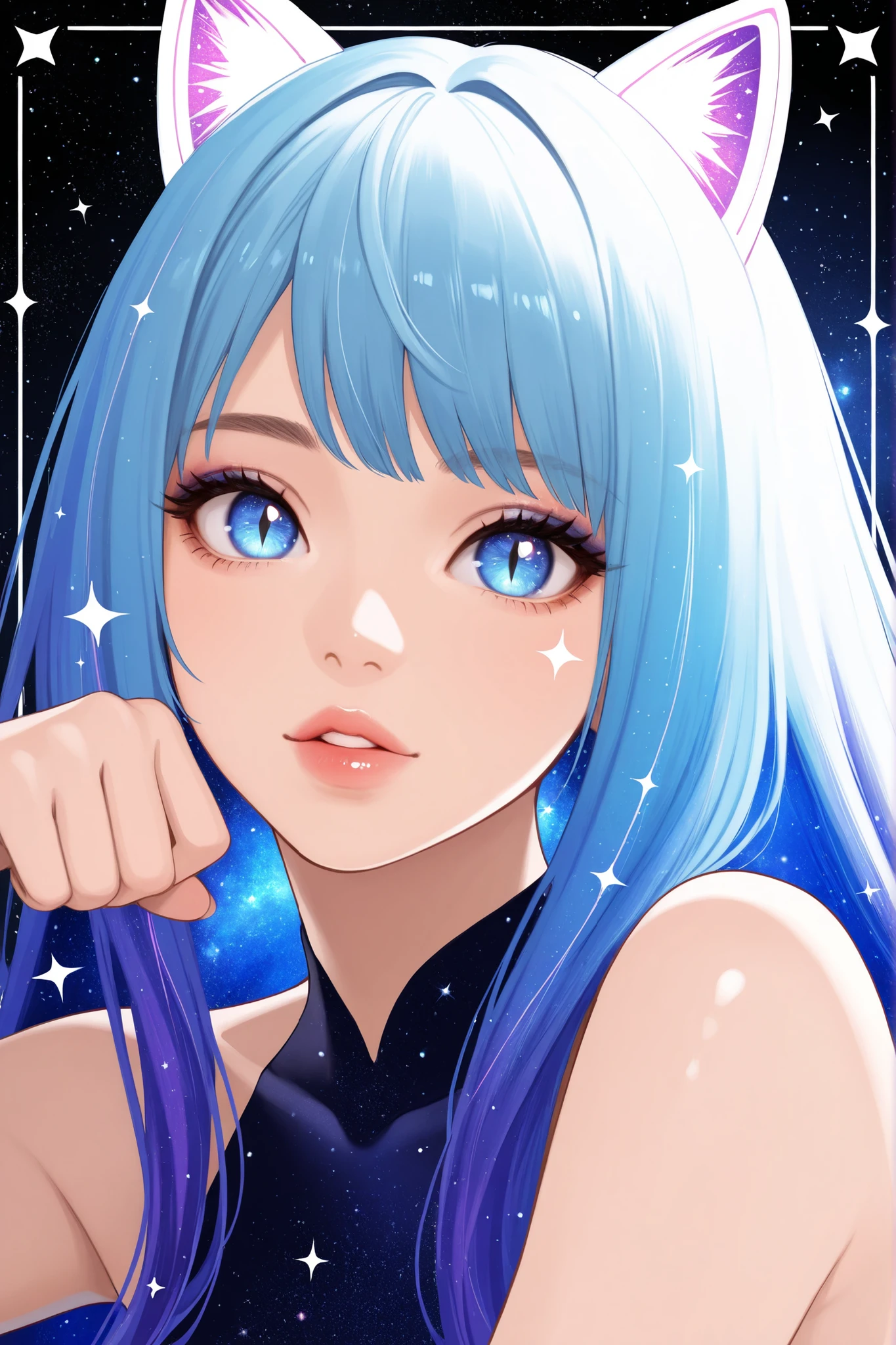 1girl, cosmic,sparkle, solo, animal_ears,close_up,cosmic,stardust_body ultralong_hair, star_(symbol),female_cancer_zodiac_cat,cancer_zodiac_cat,beautiful_cosmic_ultra_long_lashes_eyes, blue_eyes, looking_at_viewer, cat_ears, multicolor_hair, bangs, slit_pupils, lips, parted_lips, star_(sky), shiny, glow, ultralong eyelashes, makeup, upper_body,cute_pose, starry_sky black_background, glow_butterflies_cosmic_border