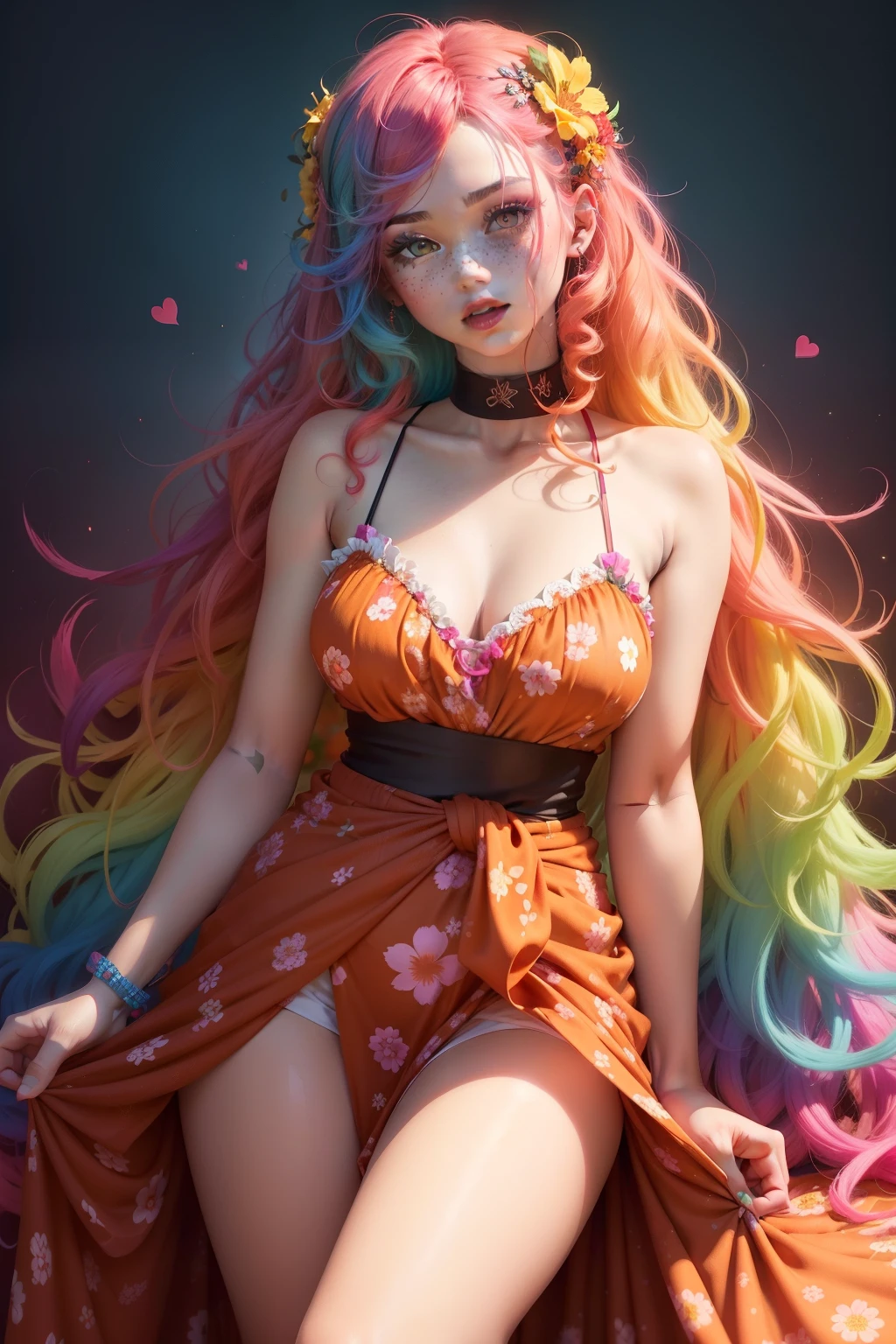 generate a flower lady with gigantic boobs, multicolor colorfull hair, showing her boobs, wearing flower strapless bra, holding a flower, she is a beautifull lady who is really charming, she give kiss sign, multicolor colorfull flower background, beautifull multicolor flower, raytracing, sparkling background, digital effect, glimmering effect, ambient effect, from side, beautifull hand, beautifull fingers, pretty hand, pretty fingers, perferct hands, perfect fingers, masterpiece, best quality:1.2) ,(8k,highres,RAW photo,realistic,photo-realistic:1.3),(detailed skin texture,detailed cloth texture,beautiful detailed face:1.25),professional lighting,photon mapping,beautiful soft light,radiosity,physically-based rendering,raytracing, model shoot style, model shoot style, (extremely detailed CG unity 8k wallpaper), full shot body photo of the most beautiful artwork in the world