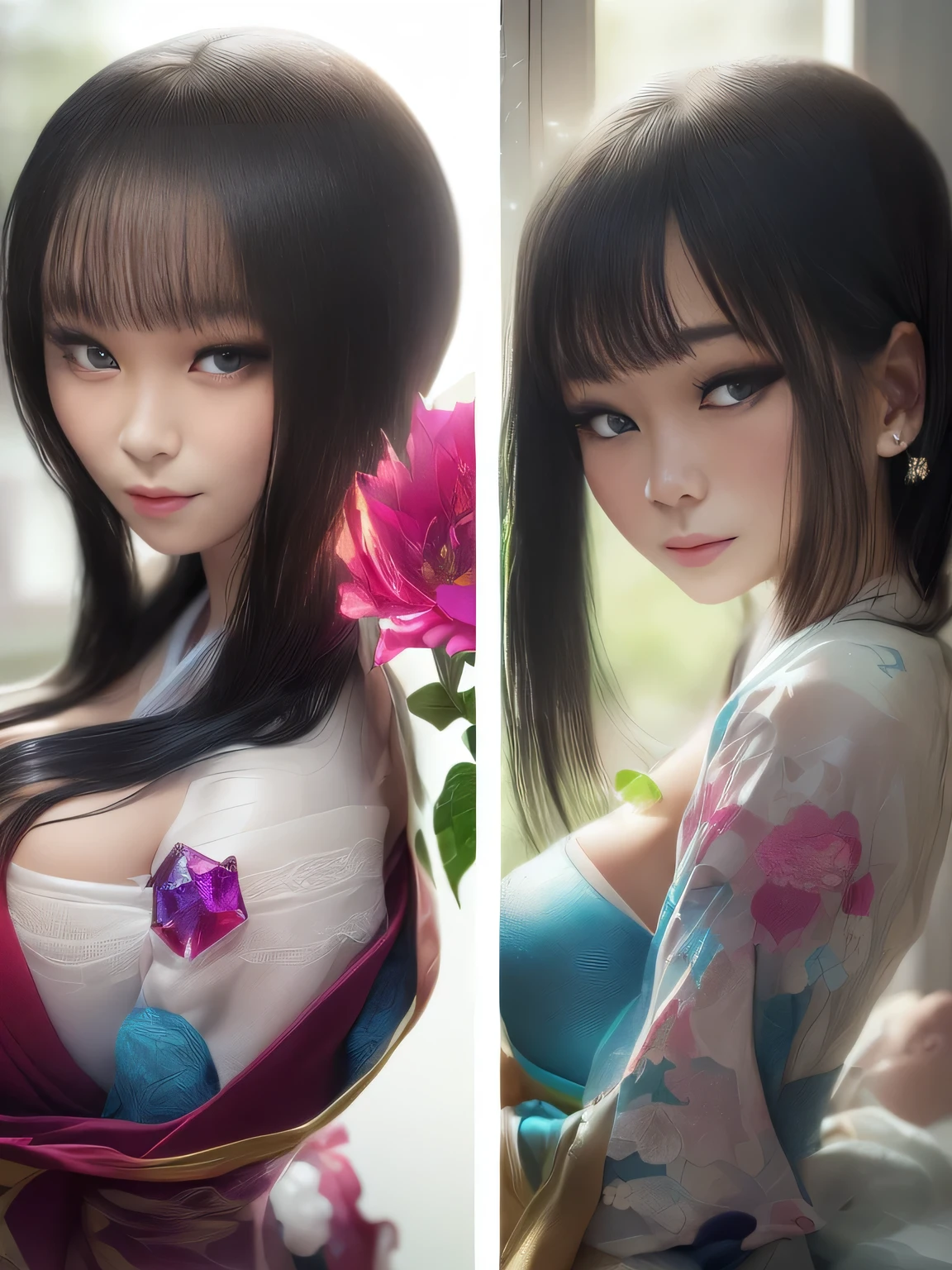 (((best quality、highest resolution、masterpiece、8k)))、(((detailed face)))(((cute face)))(((Baby Face)))(((Young contour)))(((Lovely Eyes and Nose)))、((( Blizzard 10 )))(((model body type)))(((Perfect Podiline)))、(((Big Breasts 1.0)))(((Big Cleavage 1.5)))(((nsfw)))、(((Long Straight Hair)))、(((Off Shoulder)))(((Dynamic Poses3.0)))(((Luxurious Long Sleeve Kimono2.0)))、(((fantastic scenery5.0)))、(((Luxurious Long Sleeve Kimono5.0)))(((close-up, Crystallization化した, Crystallization skin, Random posing shot, Sparkling crystal , イフリートのCrystallizationテクスチャー, Crystal Cubism, 赤とピンクのCrystallization, Crystallization粒子, Facet, Crystallization, Ruby Crystal Explosion, Fractal detail diamond skin, sparkles, Facet, Crystal Fragment , Crystallization edgesの振袖着物3.0)))(((Crystallization化したルビー振袖袖着物3.0)))(((Ruby crystal tsukemono3.0)))、(((Crystal Edge Kimono)))(((smile with raised corners of mouth)))(((Wide Angle Lens)))(((lesbian hug shots 5.0)))