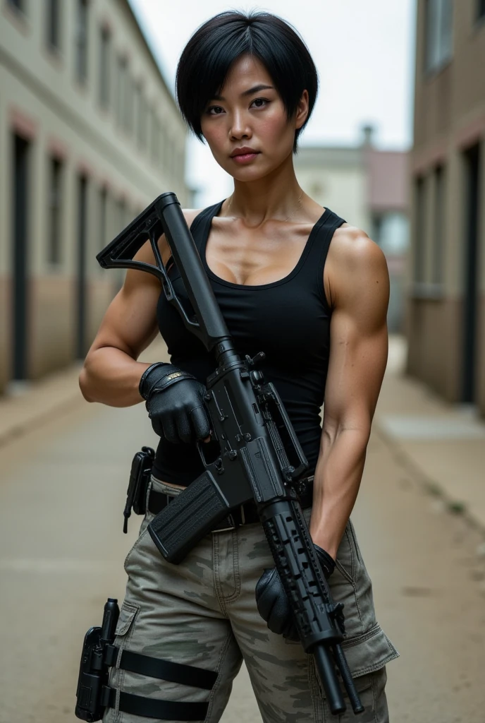 A stunning asian fashion model. She has short black pixie hair. Wearing black tank top, gray camo pants and holding a very large gun. She has a glamorous vibe. She is standing confidently. The image is ultra high-definition with physically based rendering, detailed textures. Standing in a warzone. (Chinese-American woman:1.7), (short black pixie hair:1.9), (shaved hair on the side:1.5)
