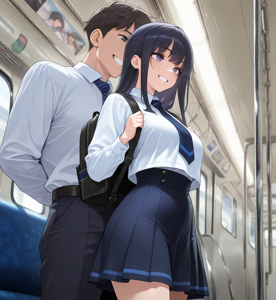 (nsfw),masterpiece,ultra detailed,sharp focus,4k digital art,high resolution,from behind,buttocks focus,,( blushed and aroused:1.3),(1man,1female,man groping female buttocks,man grabbing buttocks:1.3),(school cardigan:1.3),dress shirt,black socks,(navy and pleated skirt:1.2),(black hair,medium straight hair),(sweaty:1.2),grinning,(trembling,flying heart-shapes),(female and man standing in train:1.1),sexy undies,curvy ass,drooling,heart pupils,puffy nipples,leaning on door