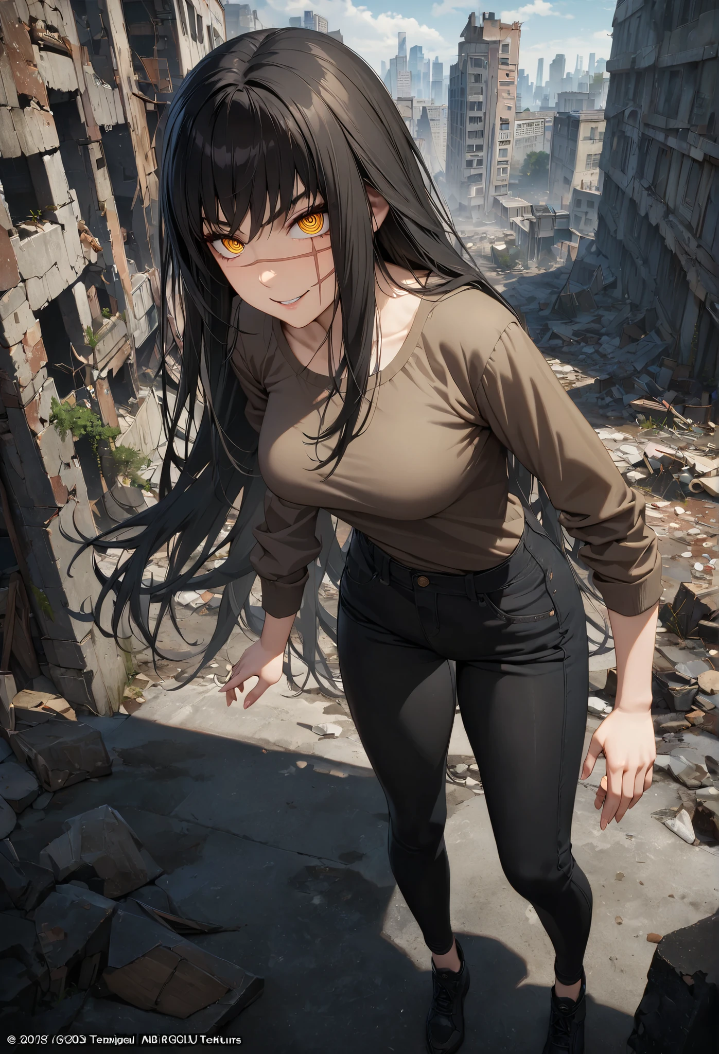 high resolution image, ultra quality, highly detailed, masterpiece, best quality, Amazing Quality, official art, 8K, high-quality textures , (1 girl), Yoru Breasts, a full body girl, (scar on face:1.1), ringed eyes, yellow eyes, long hair, black hair, medium breasts, light brown t-shirt, broken sleeves, black arms , black hands and fingers, tight black jeans, watching the spectator, smiling, evil smile, Ruins, city, posing