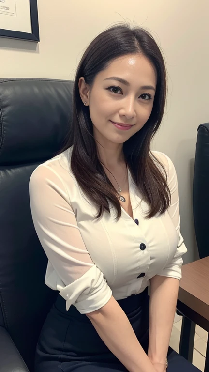 ((highest quality, 8K, masterpiece, portrait: 1.3)), (looking at the viewer), (full shot:0.85), attractive business mature woman, 1 person、 white collared shirt, gray skirt,((big breasts 2.2)) (big pelvis:0.3),((Plump 2.0))、 (officeの机にあぐらをかいて座っている)), smile:0.2, president'office,good posture、Brown medium hair、gentle smile、office、In the office、