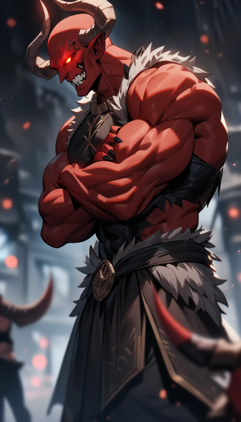 ((One in, Pumped male demon with hairy dragon appearance and yellow eyes dawns with the (red skinned) e um corpo humanóide com feições feias que mostra sua força Intimidating Executionera cheia de luxúria e malícia mostrando sua língua preta e dentes afiados babando se masturbando sentado com as coxas abertas olhando de um jeito que parece desafiador, Intimidating Executioner, Shameless, luxurious and seductive, (part of penile heresion, head appearing and becoming thick and hard so that his balls demonstrate satisfaction and relief with greater, bottom balls))