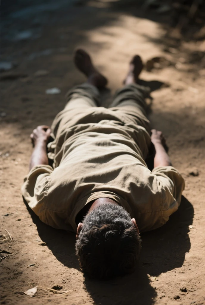 tanned naked primitive buzzcut shaved head Russian young man lying on his belly arrested on street in Brazil, barefoot and naked, fit and sturdy, mesmerizing iconic art
