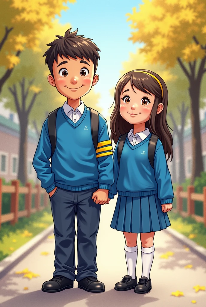 Disney boy and girl in school uniforms with backpacks and may the girl&#39;s uniforms be happy ( Yellow wool bust and navy blue pleated skirt , Navy blue tights and black school shoes ) and of the child ( Navy blue cloth pants and yellow sweatshirt ) without a tie