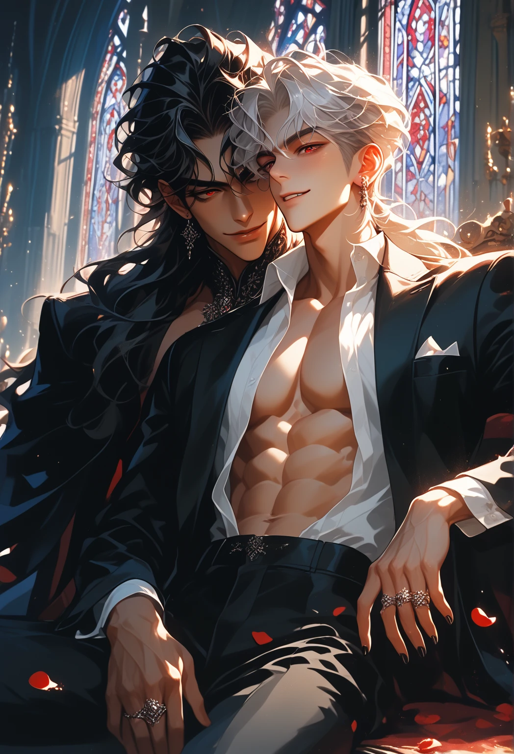 Ultra detailed, Highres, absurdres, HDR, white hair with bangs, Gojou Satoru, blue eyes, black gloves, Fushiguro Megumi, black hair, green eyes, black long coat, bare chest, prince cool clothes, 2 man together, gay couple, moon, window, roses, handsome, jujutsu kaisen, chains
