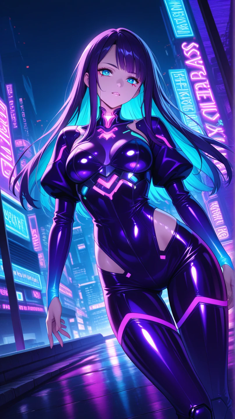 (masterpiece:1.3),(highest quality:1.4),(ultra detailed:1.5),High resolution,extremely detailed,unity 8k wallpaper,"A beautiful woman wearing a sleek, body-hugging combat suit in a cyberpunk setting. The suit is crafted from high-durability, lightweight materials, featuring an ergonomic design with vibrant neon lines and patterns in white and pink, tracing the contours of her athletic physique. The suit includes reinforced joints and embedded sensors, seamlessly integrated into the fabric. She has no helmet, revealing her striking features and intense expression, with long, flowing hair styled in a modern cut. The scene is set in a chaotic urban battlefield, illuminated by a cacophony of neon lights and holographic advertisements. The background features towering skyscrapers and flying vehicles, with vibrant, colorful lights reflecting off the wet surfaces. In the midst of combat, explosions and energy blasts create dynamic lighting effects, casting dramatic shadows and highlighting the action-packed atmosphere."