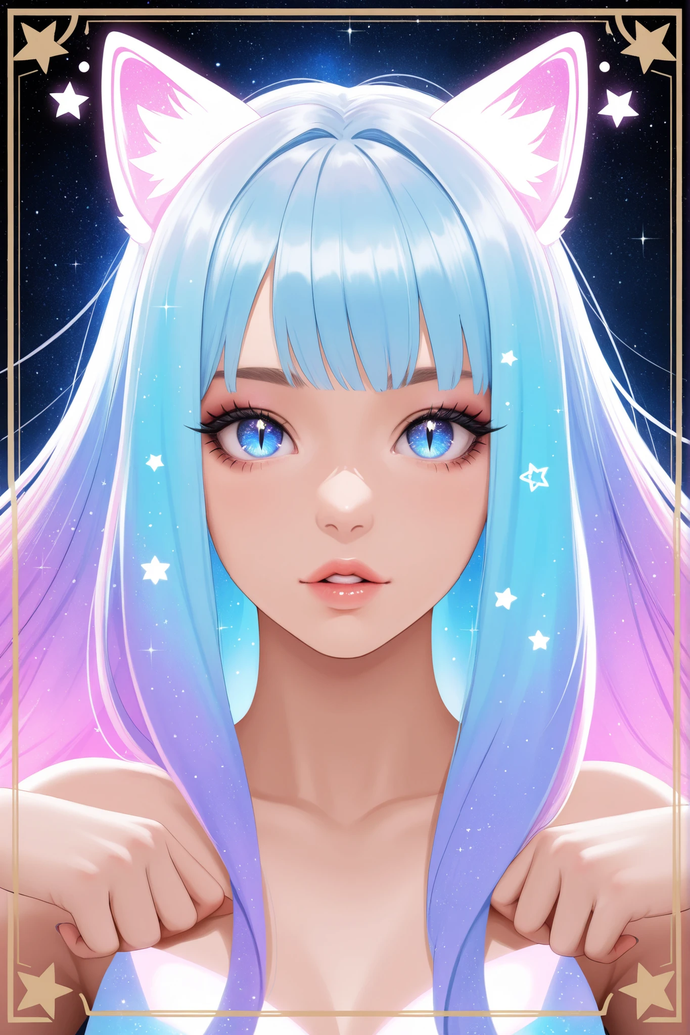 1girl, cosmic,sparkle, solo, animal_ears,close_up,cosmic,stardust_face, ultralong_hair, star_(symbol),female_cancer_zodiac_cat,cancer_zodiac_cat,beautiful_cosmic_ultra_long_lashes_eyes, blue_eyes, looking_at_viewer, cat_ears, multicolor_hair, bangs, slit_pupils, lips, parted_lips, star_(sky), shiny, glow, ultralong eyelashes, makeup, upper_body,cute_pose, starry_sky black_background, glow_butterflies_cosmic_border
