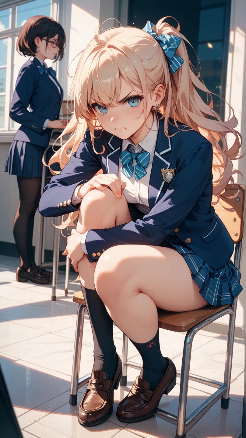 Highest品質、Highest1people々 girl,high quality,A become familiar withed face、A become familiar withed eye、become familiar with nose、become familiar with mouth、 beautiful expression, ((Masseter muscle part)), ((High resolution)), ((Highest品質)), become familiar with, (NSFW:1.4 ,how、excited face.I'I'I'm very happy,), ((Skin shiny with sweat)), (school uniform:1.2、loose socks)、 girlと一緒に, blonde, (half twin tail)、sit down and spread your legs:1.3、pure white skin:1.3、、, cinematic lighting, completely in the shade,(((classroom))), Realistic lighting with shades,show your whole body、