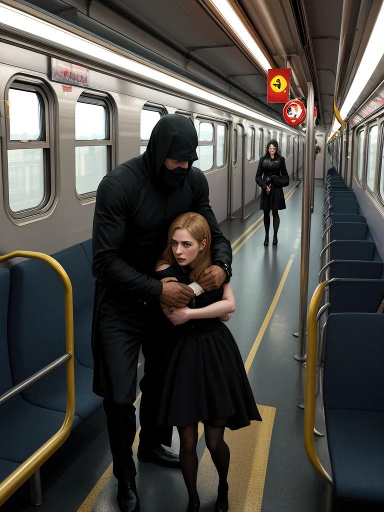 Genre Fiction. Man in black protects a girl on the train from a monster, terror