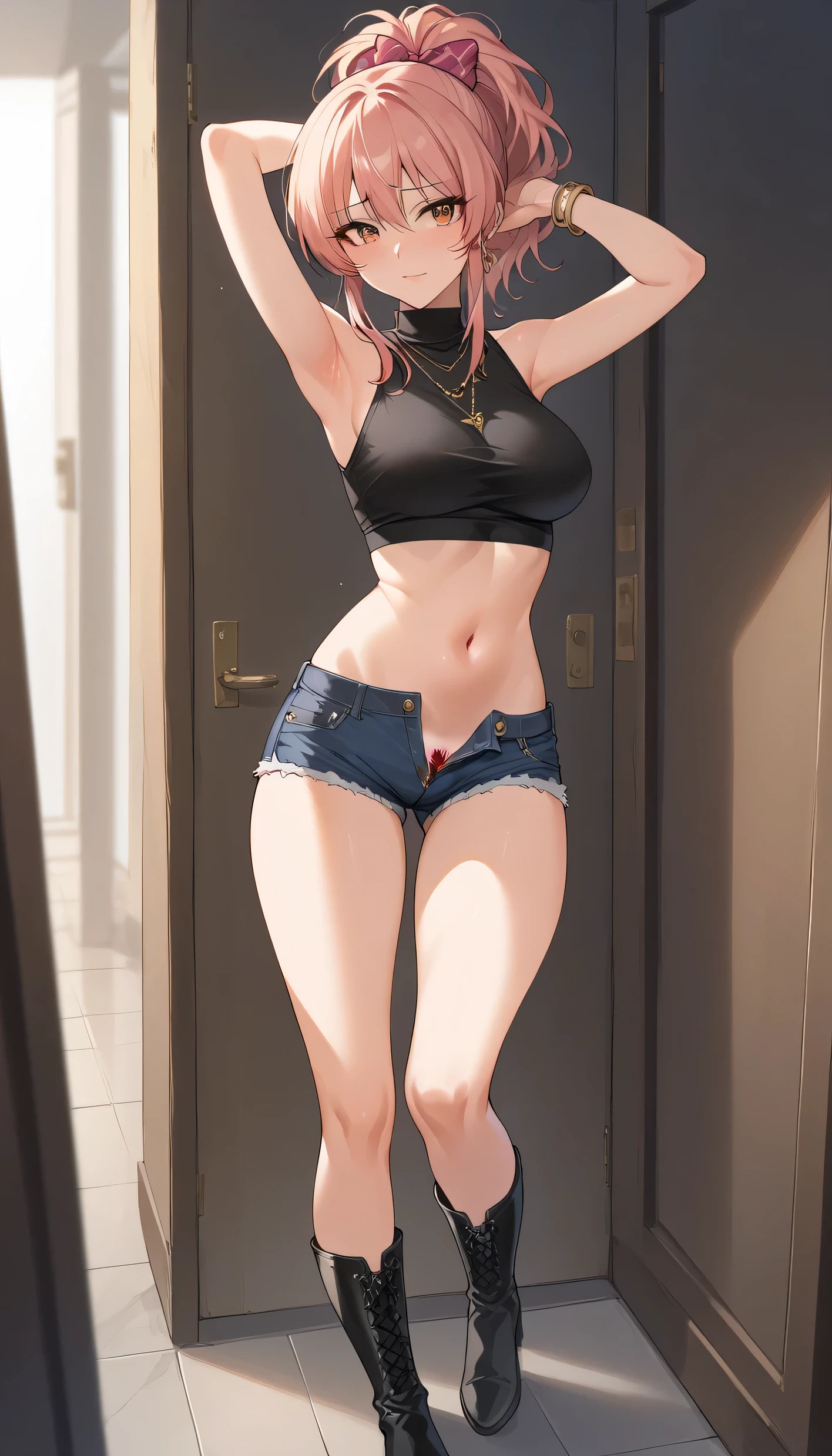 An image of Mika Jougasaki, Hair with ponytail, with a turtleneck blouse, showing his navel, denim shorts with an open zip showing her pink pubic hair, Long black boots, gold bracelets, standing in a hallway sensually in a room with her legs together, armpits , shy