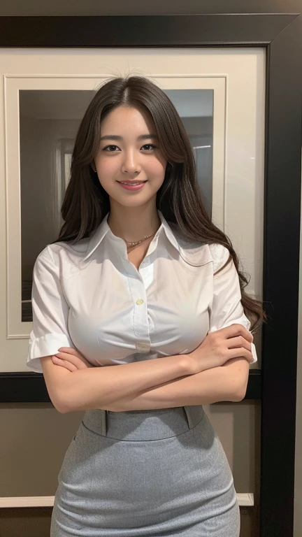 ((Highest quality)), ((masterpiece)), (detailed),Perfect Face,Japanese,Fair skin,Upper Body,Long Hair,Office Lady,Women's Ana Style,smile,Cleavage,blouse,Mature Woman
