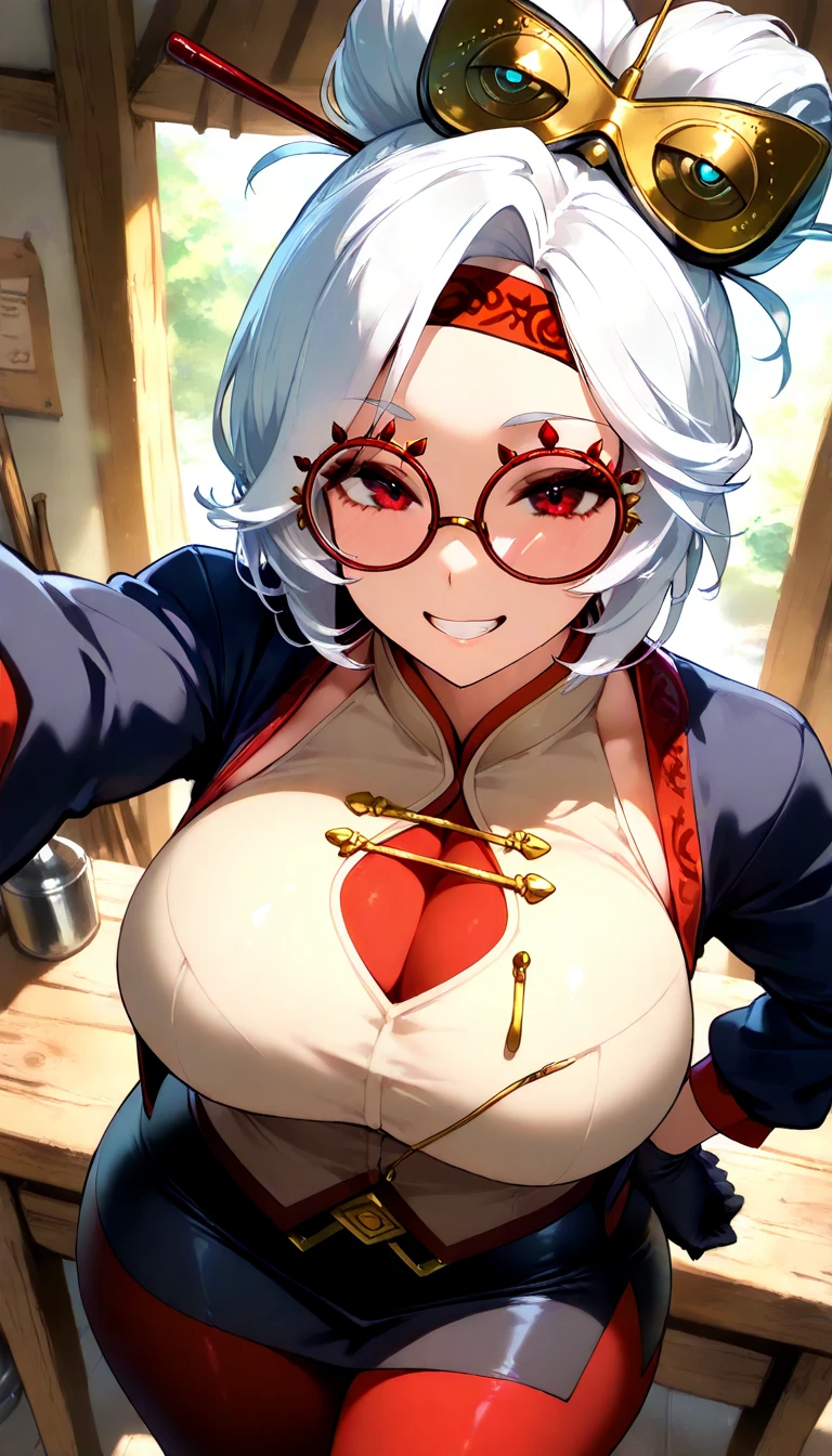 masterpiece、highest quality、1girl , solo , huge breasts、deep cleavage、light silver hair、ponytail、brightly colored eyes、blue eyes、black glasses、japanese green kimono、hakama、flashy necklace、charm、Wet、face turns red, very sweaty, dynamic pose、Lying on the futon、Headphones worn around the neck、flashy hair ornament、mesugaki、shrine

