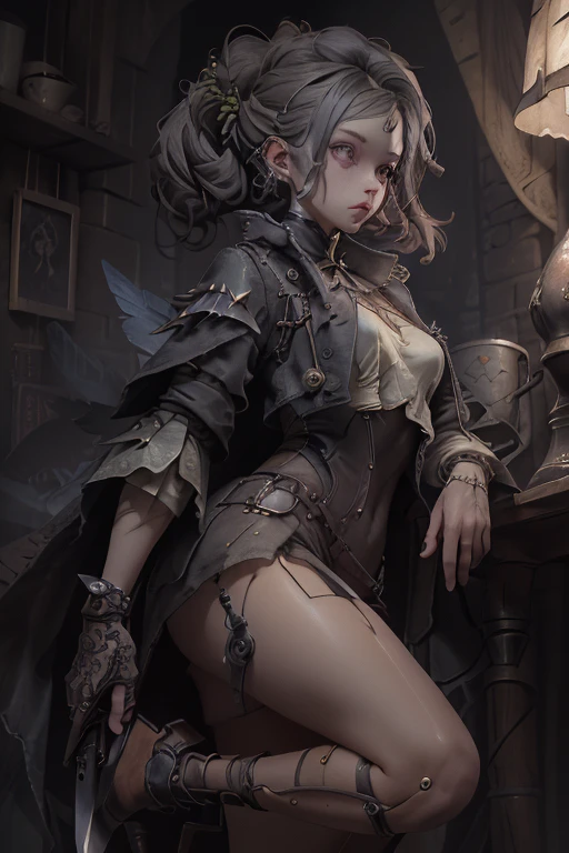 ((best qualityer)), ((highy detailed)), (work of art),  (1 girl), (Marcilha_Donato_DungeonMeshi), hair blonde, long hair, twin braids, Leprechaun, pointy ears, greeneyes, red choker, standing, hand on hip, (Red long dress from China), (gold decoration dress:1.2), (sleeveless), (Deep Rift), (black highheels), cafeteria