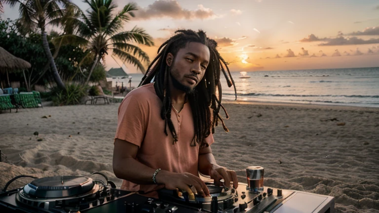 Garcon métisse jeune avec dread locks avec bijoux en métal dans les dreadloks dedans et tatooâge qui mix sur 2 platine vinyl avec un mixeur dans un désert avec chemise zèbres noir et blancs et short noir et blanc