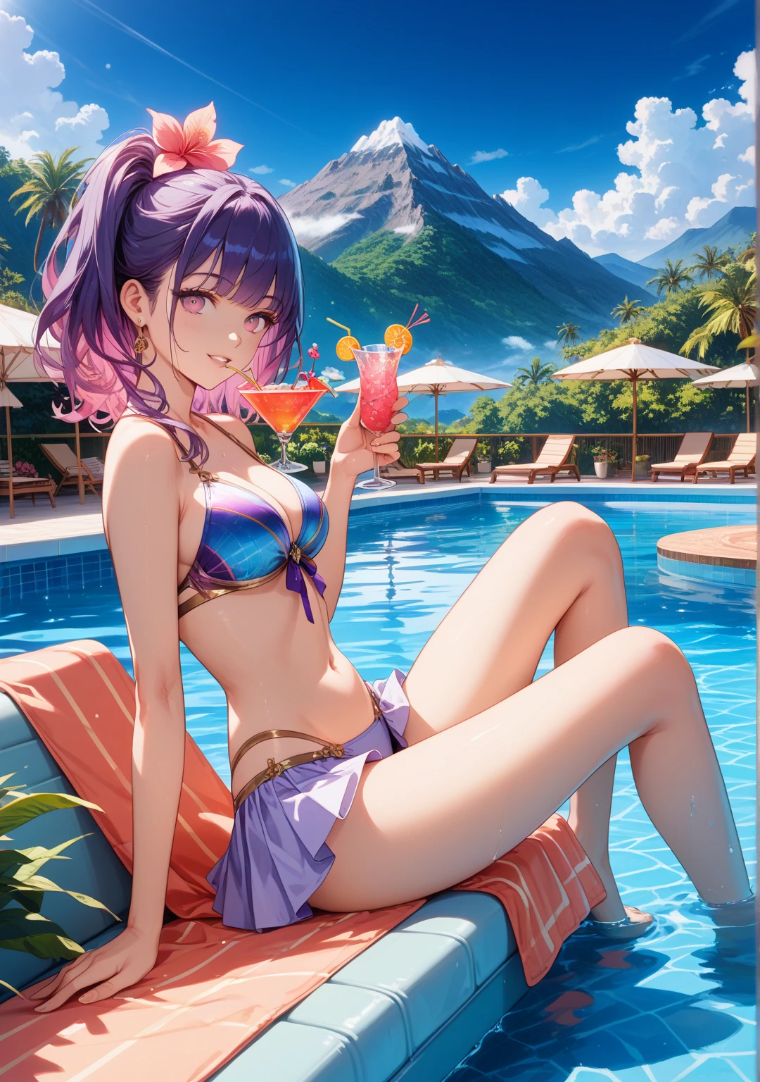 rembrandt lighting, (masterpiece:1.2), (best quality), (detailed skin:1.3), (intricate details), ray tracing,1girl, purple Swimwear, Bikini Top(Flounced), Bikini bottom(Skirted), sitting at poolside, black long hair, wet hair, sunglasses, hair flower, wet skin, Put on a rash guard