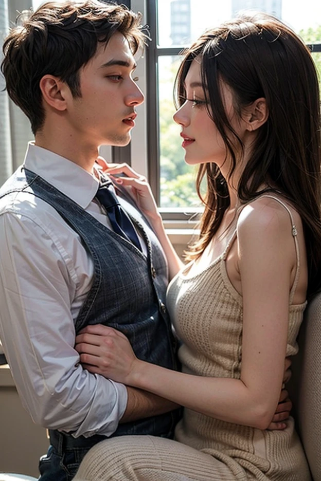 (8k,RAW Photos、RAW Photos、highest quality、Masterpiece:1.2)、Very detailed、Super Resolution、(Photorealistic:1.3)、((Cowboy photographed from the front:1.4))、Clear depiction of light and shadow、High-resolution RAW color photos、Professional photos、((Young woman and middle-aged man kissing goodbye in bedroom:1.4))、((A man hugs a woman from behind:1.4))、Draw faithfully to anatomy..、((Medium Breasted Woman:1.4))、Very detailed and beautiful、super high quality、((Girls with medium long hair:1.4))、beautiful girl、((Full nudity women:1.5))、((Full nudity:1.5))、((Full nudity middle-aged man:1.4))、Upper Body、((Men with short black hair:1.5))、((Smiling woman:1.4))、((The two embraced, Deep kiss, And say goodbye:1.4))、