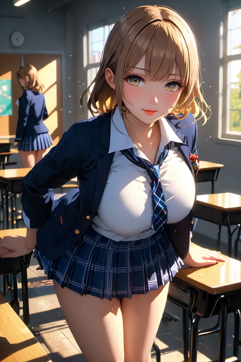 pieces fly、masterpiece、highest quality、Super detailed、High resolution、High resolution、8K portrait、Unity 8k壁紙のHigh resolutionCG、unity 8k wallpaper、cute type little:1.5、:1.5、Highly detailed CG unity 8k wallpaper、realistic、real person、cute type little、 portrait photography、shiny skin、High resolution、(16 years old:1.2)、(1 girl)、beautiful clear eyes、very detailed explanation、delicate face、nice lips、slender body、Same with big breasts thin waist、thin legs、(classroom:1.6)、1 girl, cute type, perfect face, seriously, (blush:1.5),(golden hair ponytail:1.3),((there are many people nearby:1.4)),Same with big breasts,((school uniform:1.2)),(((clothing lift:1.5))), (((I have nipples))), Detailed description vagina,show vagina,spread legs,spread ,(((Orgasm in the vagina:1.5)))