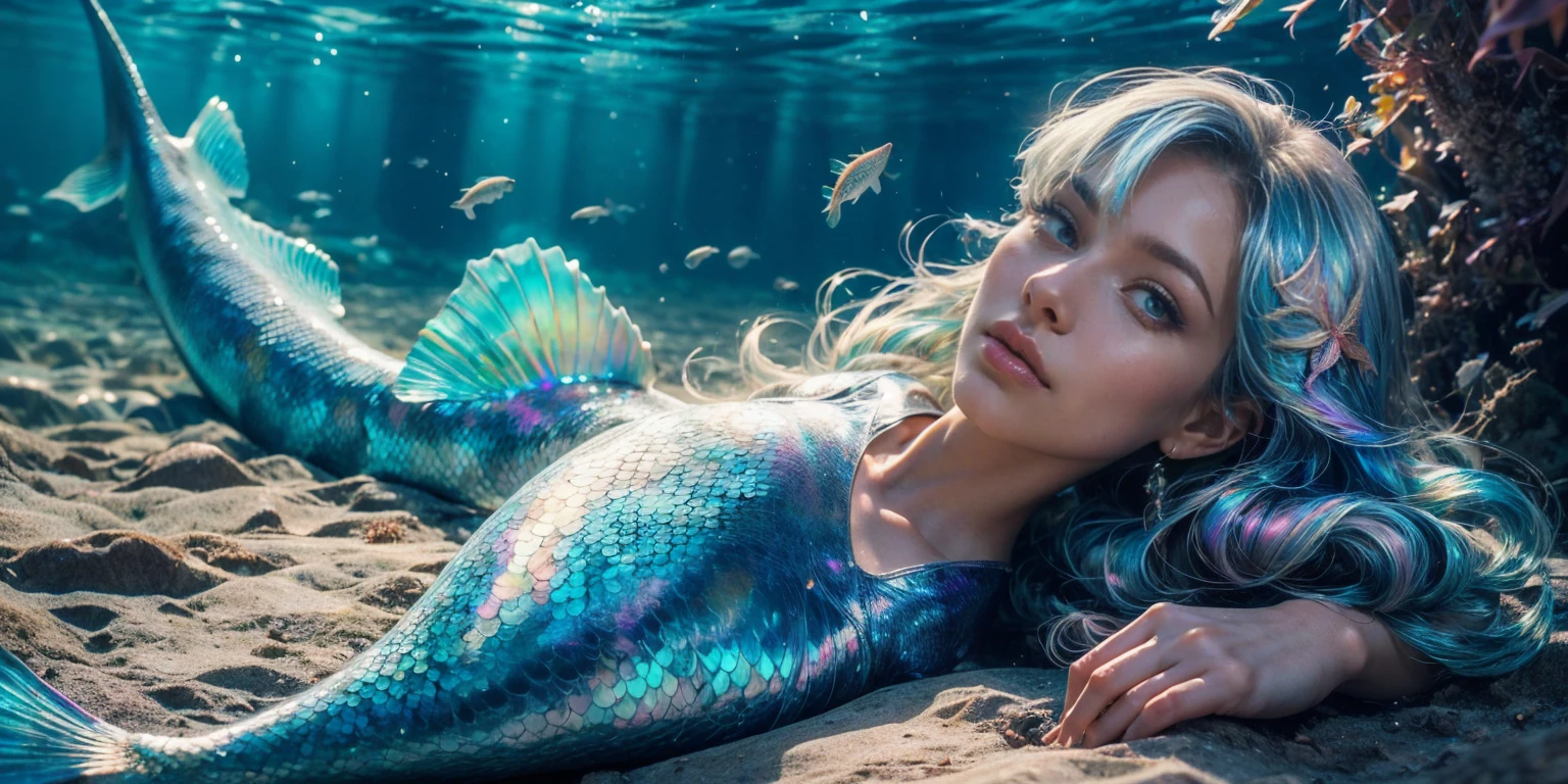 mermaid swimming in the sea, blue scales, Fine scales from the neck down, silber hair, Close-fitting arm sleeves, earlobes are fins, expanded caudal fin