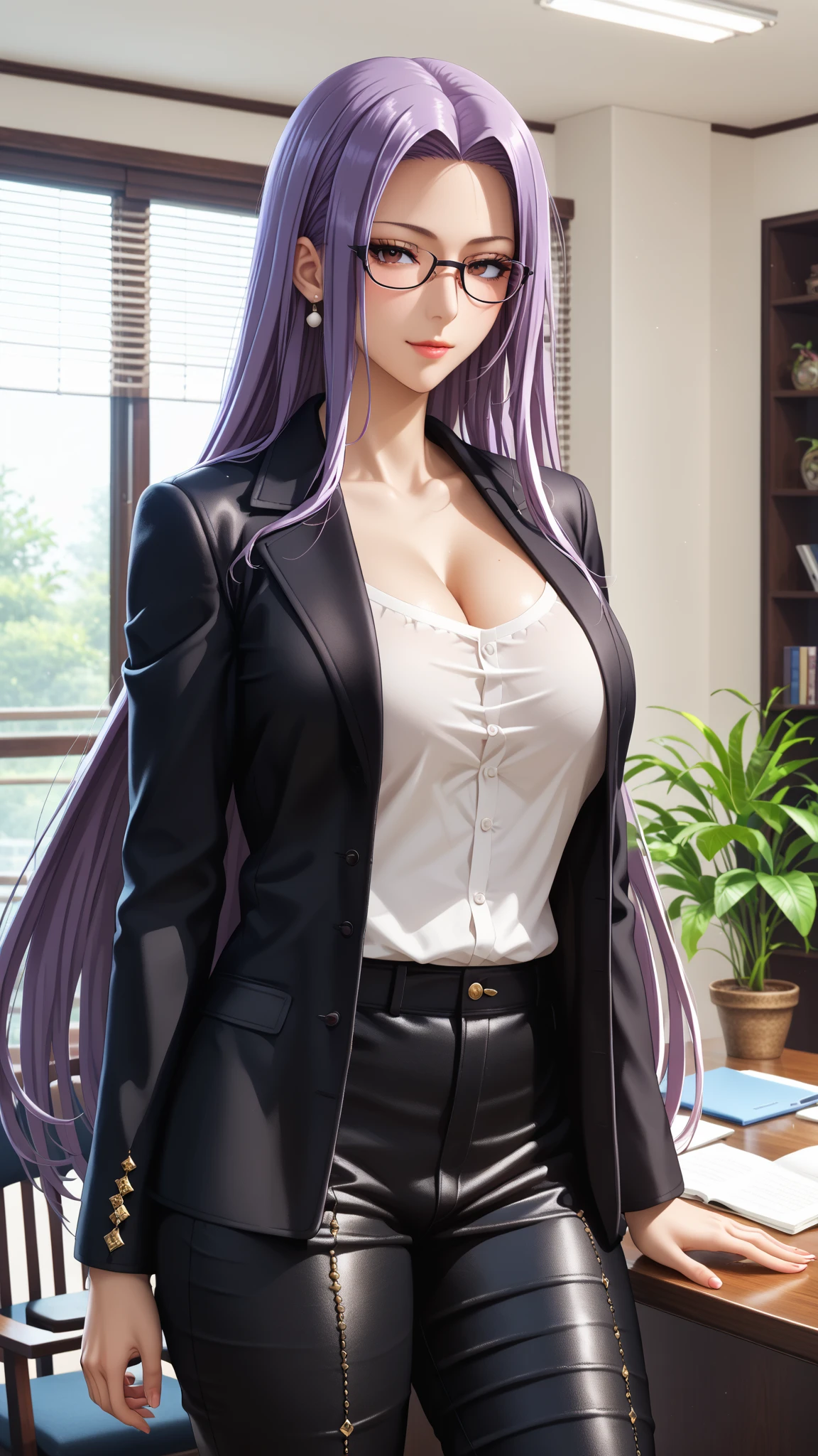(best quality,masterpiece:1.2), intricate details, thin, beautiful girl, purple hair, blunt bangs, light purple eyes, sharp jawline, white coat, long hair, lips, upper body, close up, smirk