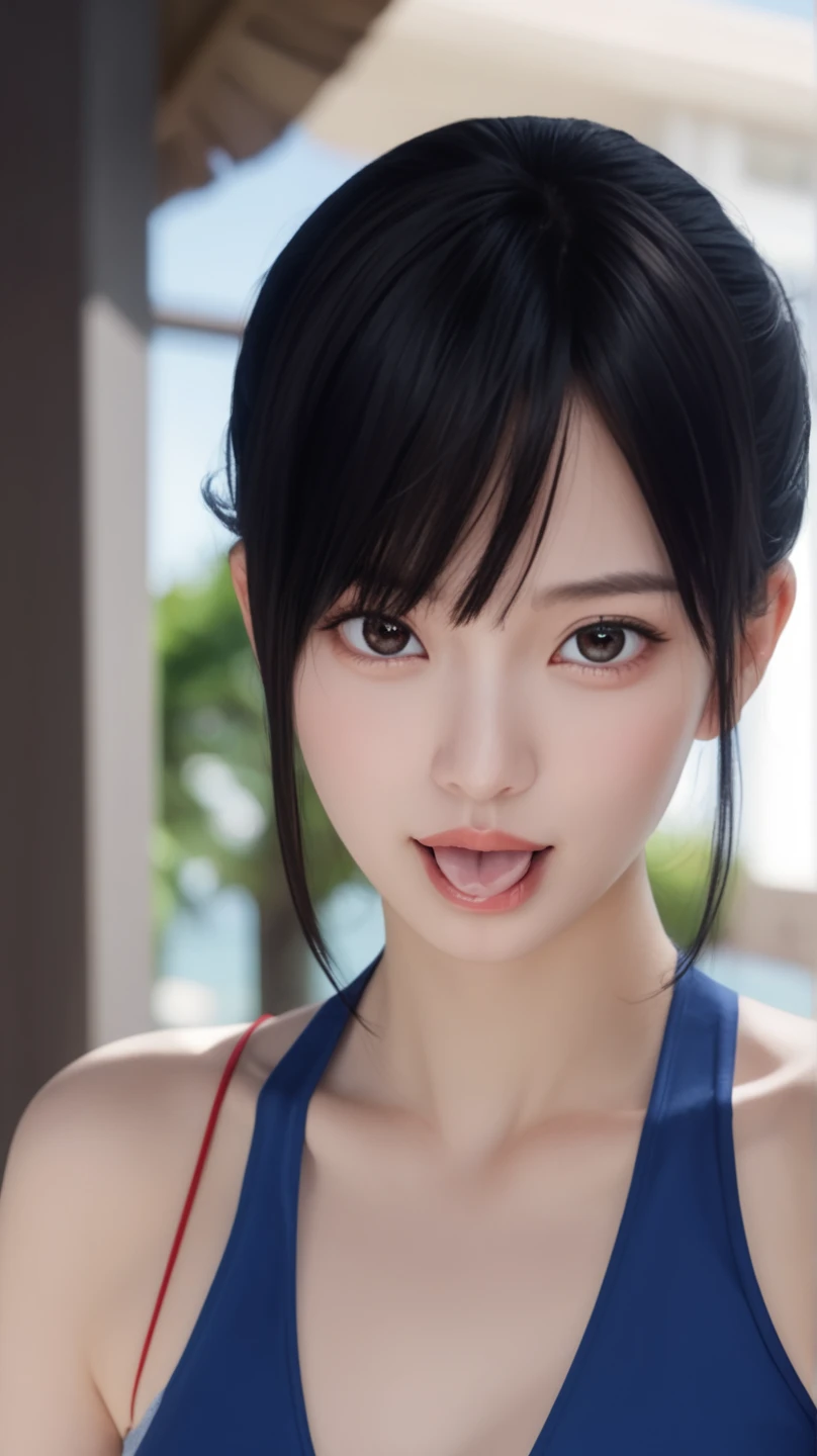 masterpiece, best quality, Full-HD,
(1 girl, 18 years old:1.2), solo,
{(short twin tails hair, dark blue hair:1.2), straight hair}, parted bangs,
(almond eyes, cyan eyes, look at viewer:1.2), glossy lips, Natural makeup, baby face,
(fluffy huge boobs, sagging boobs, big areola, puffy areolae), plump, voluptuous, wide hips, thick thighs, lustrous skin, (sweaty skin),
(solid red micro bikini, glossy red micro bikini), red side-tie bikini, red string bikini,
(sideboob), erect nipples under bikini, covered erect nipples,
(shy smile, embarrassed smile),
sitting, grab chest with hands,
(solid white background:1.5)
((front view)), focus to cleavage