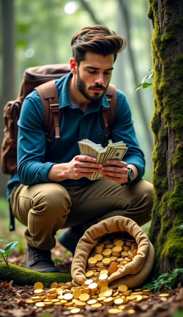 Create a highly detailed and dramatic scene set deep within a dense, untamed jungle. The environment should be lush with towering trees, thick foliage, and a rich variety of greenery that stretches far into the background. The focal point of the scene is an injured man lying prone on the jungle floor. His clothing is torn and dirty, with visible cuts and bruises marking his skin, indicating a prolonged struggle for survival. The man’s expression is one of exhaustion, desperation, and determination, as he clutches an open briefcase in front of him. The briefcase is overflowing with neatly stacked bundles of cash, the crispness of the money contrasting sharply with the wild, dirty surroundings. The man’s outstretched hand grips a thick jungle root or branch, his knuckles white from the effort, as if he is pulling himself forward through sheer willpower. The ground beneath him is muddy, with leaves and debris sticking to his clothes, further emphasizing the harsh conditions. Rays of sunlight pierce through the dense canopy above, casting dramatic shadows and highlights across the scene, adding depth and tension. The atmosphere should be tense, gripping, and almost cinematic, capturing the raw emotion of a man on the edge, fighting to survive against overwhelming odds. In the upper part of the image, include the text 'Survive or Die!' in bold, rugged letters that blend naturally with the jungle theme, perhaps using a textured, weathered font that feels organic to the setting. The text should be prominent but not overpowering, allowing the viewer to feel the intensity of both the man’s struggle and the hostile environment around him. Ensure the scene is composed in a way that guides the viewer’s eye from the man’s desperate expression to the briefcase full of money and then to the text above, creating a cohesive and impactful visual narrative. The overall tone should be one of survival, grit, and the relentless will to overcome. The image should be formatted to a resolut