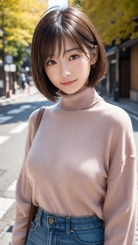 Cute 21 year old Japanese、Super detailed face、Pay attention to the details、double eyelid、Beautiful thin nose、Sharp focus:1.2、Beautiful woman:1.4、(Light brown hair,short hair、), Slightly larger breasts, Pure white skin、highest quality、masterpiece、Ultra-high resolution、(Photorealistic:1.4)、Light from outside、Laughter、Pinafor、corridor、Cute Winter Clothes、