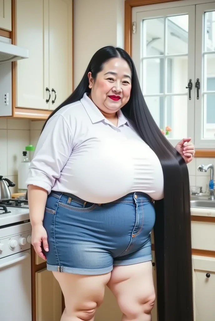There are two women standing in a room with a refrigerator, Ella tiene un vientre redondo y gordo y tembloroso, Modelaje para Dulce y Gabanna, Su vientre es gordo y redondo, gigante y gordo, mujer gorda, foto filtrada, cintura delgada y caderas gruesas, Karla Ortiz, Dos modelos en el marco, posando como una estatua, Cuerpo bacanal de grasa fuerte, extremadamente gordo