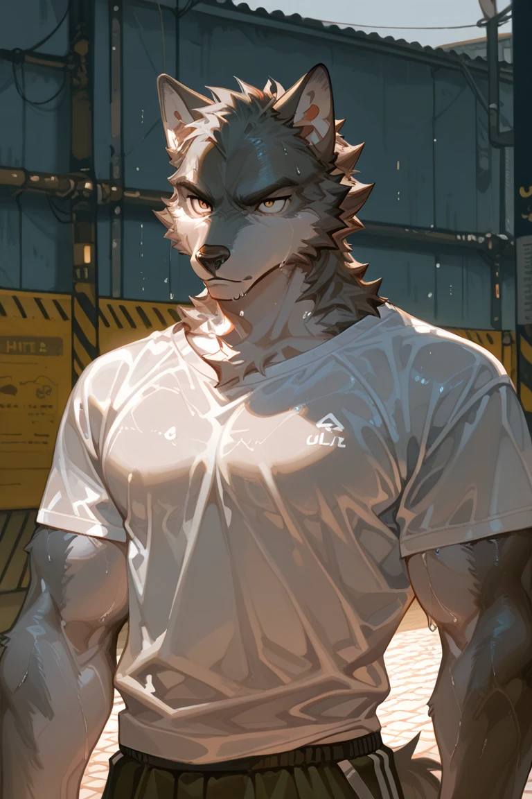 Masterpiece, Solo, Furry Gray Dragon, Adult, Gray Fur, Blue Eyes, Gray Short Hair, Muscular Body, Good Looking, Handsome, Fierce, Casual Shirt, Casual Pants, Blue Goggles,