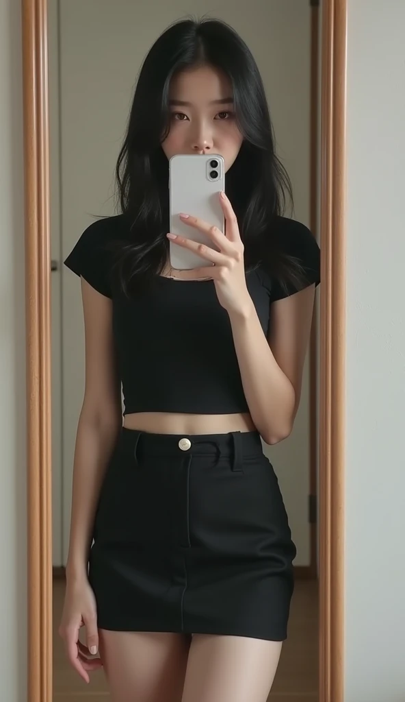 Araffe mulher tirando uma selfie em um espelho com um telefone celular, foto da roupa, roupa apertada, usando saia branca, saia branca, white skirt and barechest, roupa muito sexy, preto e branco, roupa preta, imagem de corpo inteiro, em camisa branca de gola alta, minissaia branca, Contraste muito alto, Black Turtleneck, roupa sexy