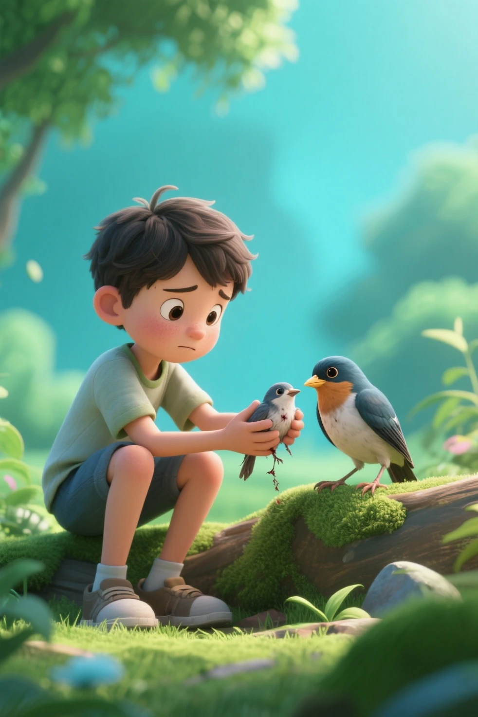 Creat a 3d animation images" Narrate the moment Dio finds the injured bird and decides to care for it."