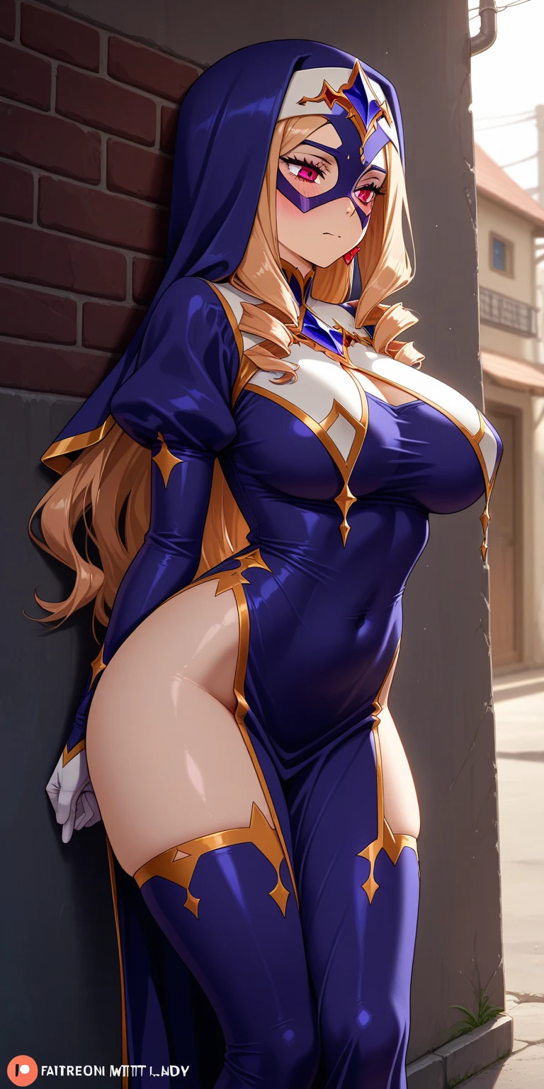 Blonde hair, blue eyes, pelvic curtain, sexy outfit, open stomach, adventurous outfit, masterpiece, thick thighs, big breasts, :D, large belly, small crown, best quality, massive breasts, chubby
