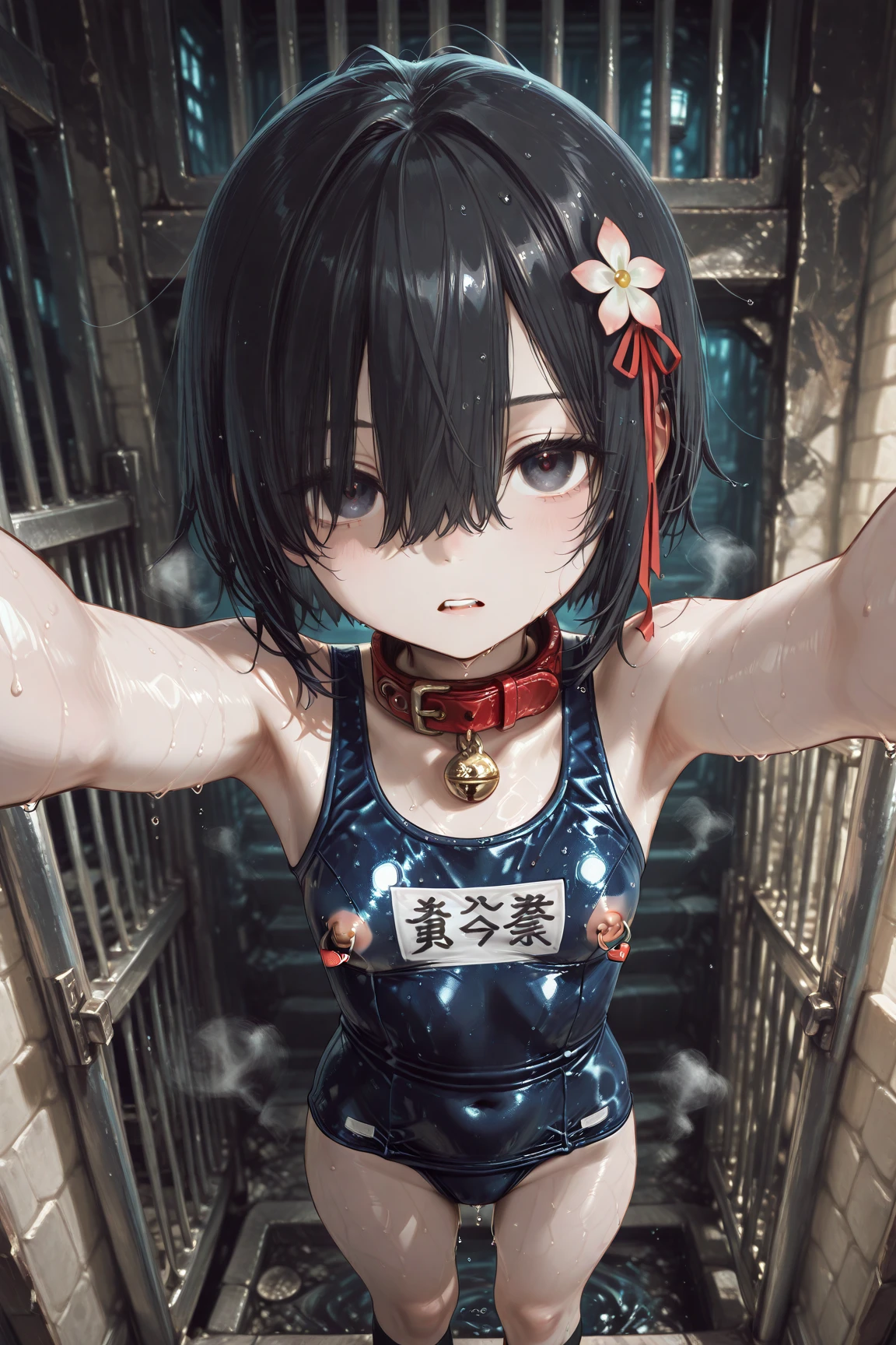 (masterpiece), (best quality), ((ultra-detailed)), (high resolution), (an extremely delicate and beautiful, super fine illustration), official art, BREAK 1girl, (:1.5), (tiny girl:1.7), (5yo)at chest, Plump, (Thick thighs:1.5), (big ass:1.5), erect nipples, Huge areola, large nipples, long nipples, erect nipples, oily skin, BREAK droopy eyes, emerald blue eyes, (bad mood:1.3), (clear face:1.3), (half closed eyes:1.7), BREAK bob cut, tired hair, messy hair, Black hair color, girl wearing black round glasses, BREAK (sundress), (bare foot:1.4), (extra large nose hook:1.5), (Harness gag:1.4), BREAK Sweat, steam, humid, NSFW, BREAK (contrapposto on the city:1.5), BREAK (dynamic angle:1.7),