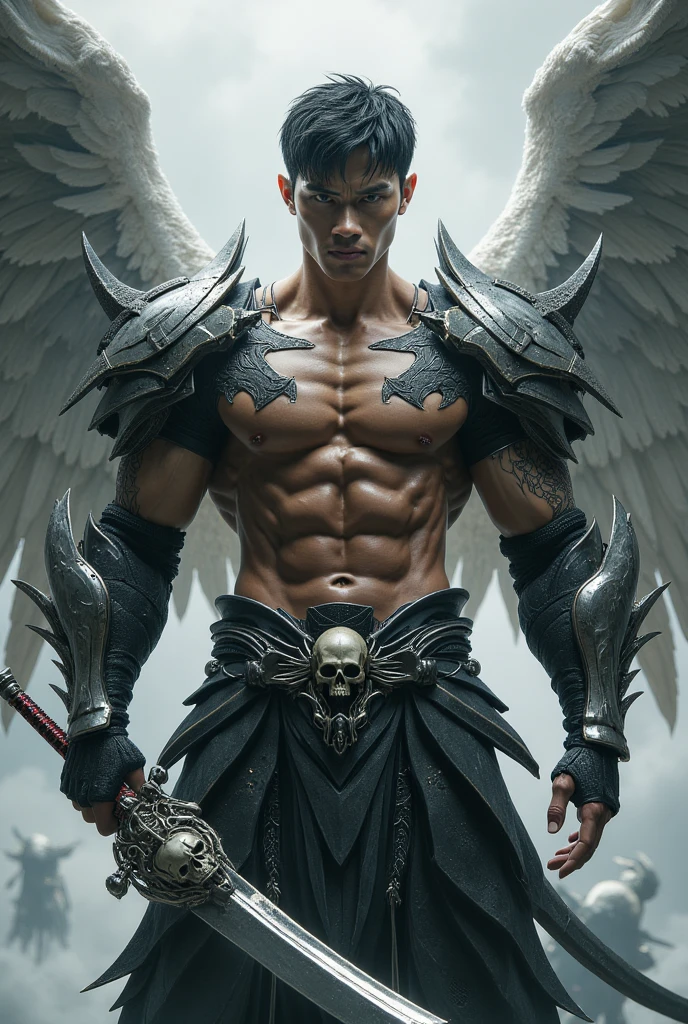 masterpiece, best quality, realistic, ultra detailed, sexy, homoerotic, dungeons and dragons, character design, extremely handsome 30-year old chinito filipino, stylish dark hair, white angel wings, organic "monster hunter" style heavy armor made of dragon scales and horns, dramatic heroic pose,