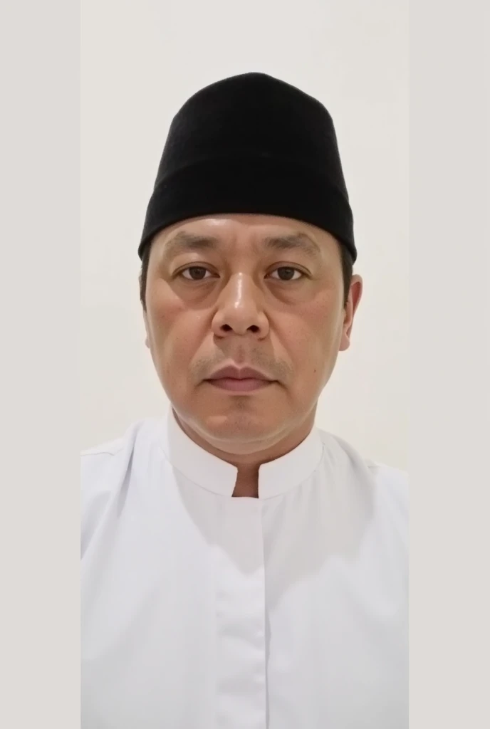 Seorang pria dengan berpakaian muslim serba putih menggunakan kopiyah putih background studio foto