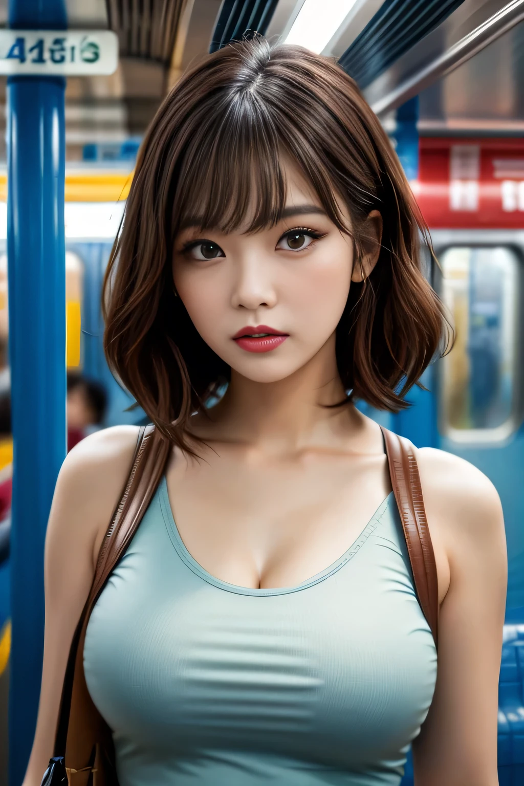 Highest quality, photo realistic, high resolution, masterpiece, colorful to keep.
(Upper body:1.5).
(Inside the subway. Holding on to the strap:1.5).
Super beautiful woman, looks like a intimidating dominatrix, condescending gaze, charm with gaze, staring at the viewer, false eyelashes, eyeliners, eyeshadow, glossy lips, wavy hair, big breasts,
Tank top.
Blur the background. Easy-to-see color lighting.