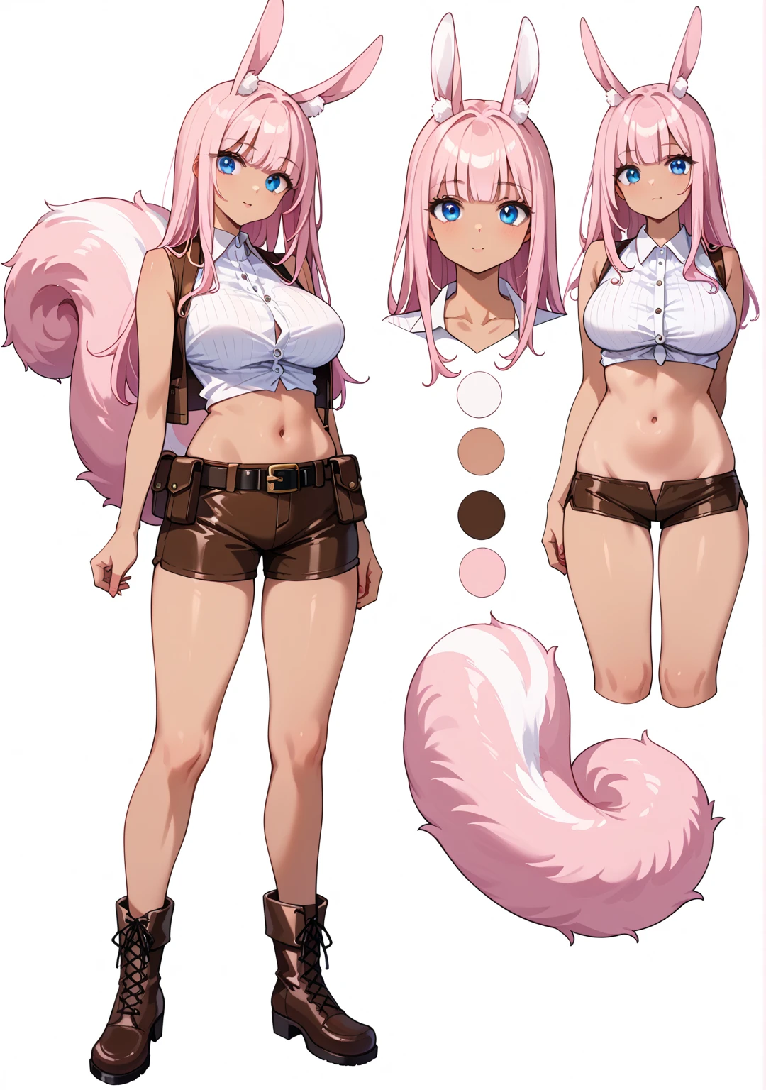 Pastel colors, cat-eared girl, pink hair, light purple eyes, blue eyes, blushing, large breasts, standing image, smiling face, fresh-colored bikini