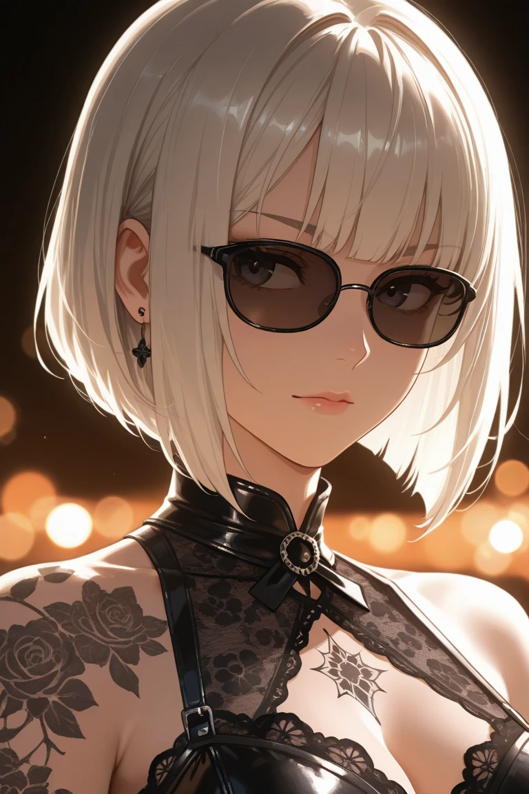 score_9, score_8_up, score_7_up,score_6_up, score_5_up,1girl, looking at the viewer,round sunglasses, white short hair, leather bodysuit
