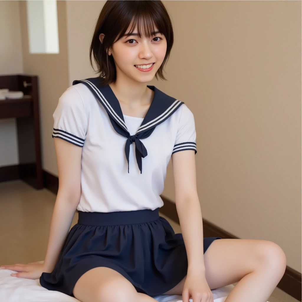 Japanese,Beautiful girl at :1.85,Baby Face:1.85、Ultra-flat chest:1.85、Ultra short height、An innocent smile,cute,Primary school students,Private elementary school uniforms,Summer clothes,Lean back and find out:1.85、clavicle、On the bed、On all fours