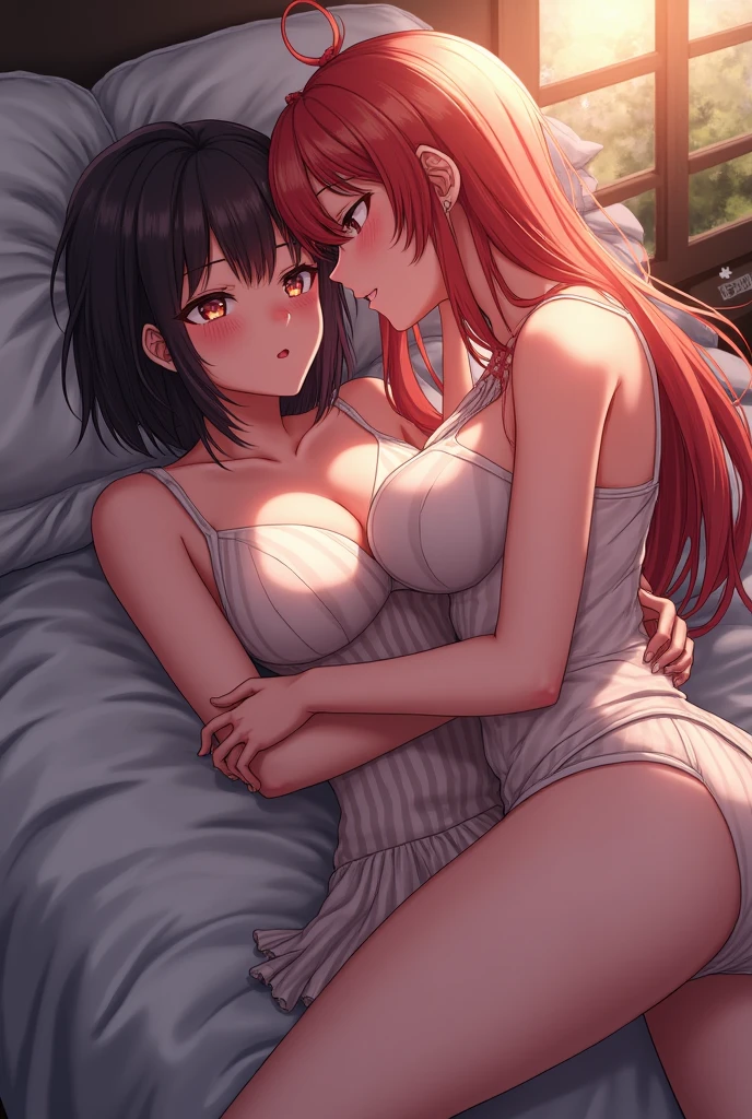 2girls,rias gremory, akeno,nude, half lying on bed,bedroom, orgasm face, multiple characters, 2 characters, highly detailed, masterpiece, 8k, realistic skin texture, intricate details, exquisite lighting, cinematic composition, dramatic lighting, warm color palette,fingering pussy,nipples,1 photo,sexy,abs,blush on face,both have abs,both touching each other ,high res,high quality,half lying on bed,hands on butt