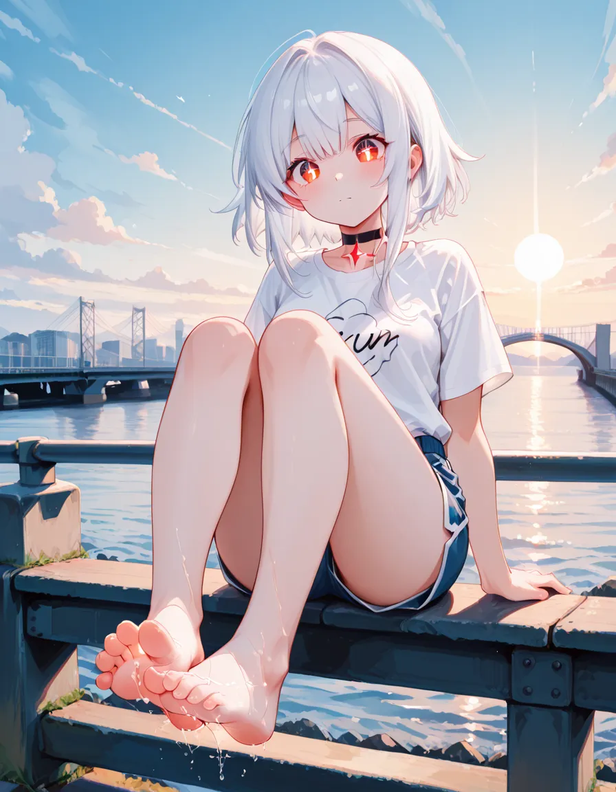 (white short hair)(red eyes)(whale girl)4K