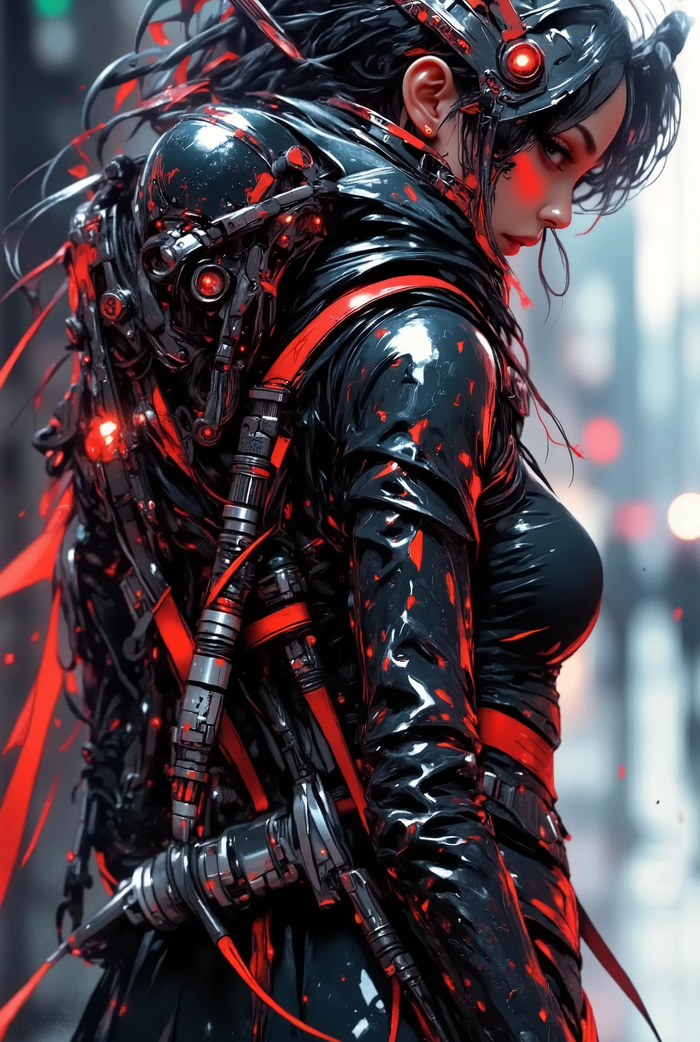 mythp0rt, Inkpunk Anime BREAK, cyberpunk robot samurai woman, robot face with mirrored face shield, hyperdetailed helmet, flowing black hair, reflective black and red armor, robot joints, body made of metals, cables and wires, a katana strapped to her back, abstract colour gradient background
