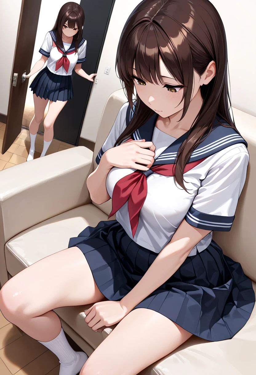 (((masterpiece, Highest quality, High resolution, 超High resolution, Perfect Pixel, Depth of written boundary, 4K, RTTX 10.0))), Beautiful Anime Woman, Beautiful art style, Anime characters, ((Smooth texture, Realistic texture, Anime CG Style)), Exact finger count、Exact number of legs、(Exact number of arms:1.0, Exact number of hands:1.0), (Perfect hands, Perfect Anatomy), Cinematic, Realistic, Extremely detailed CG, Daytime lighting, Perfect lighting, Best Shadow, The best natural light, whole body, Perfect body, バランのとれたPerfect body, Perfectly balanced style, Slender body, ((Long Hair, bangs, Reddish brown hair, Twin tails)), ((A cute adult woman is holding her panties in both hands and showing them, holding panties, presenting panties:1.8)), ((Sailor suit tops, Sailor collar, White shirt, Navy pleated mini skirt:1.3), (Knee-high socks:1.3):1.3), (Beautiful and big breasts:1), (Very embarrassed look:1.5), blush, (School classroom, Desk and chair in the background:1.3), Angle from the front, lace pink panties
