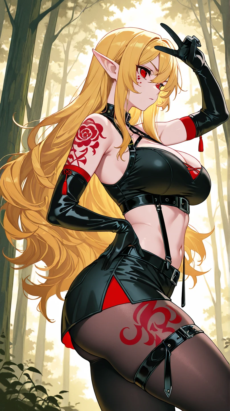 masterpiece, best quality, highres, aaluis, long hair, facial mark, mole under mouth, cleavage, breast tattoo, shrug (clothing), red bra, o-ring, long sleeves, black gloves, midriff, black belt, black pants, asymmetrical legwear, red thighhighs, <lora:luis_cammy_v1:0.7>, from side, standing,