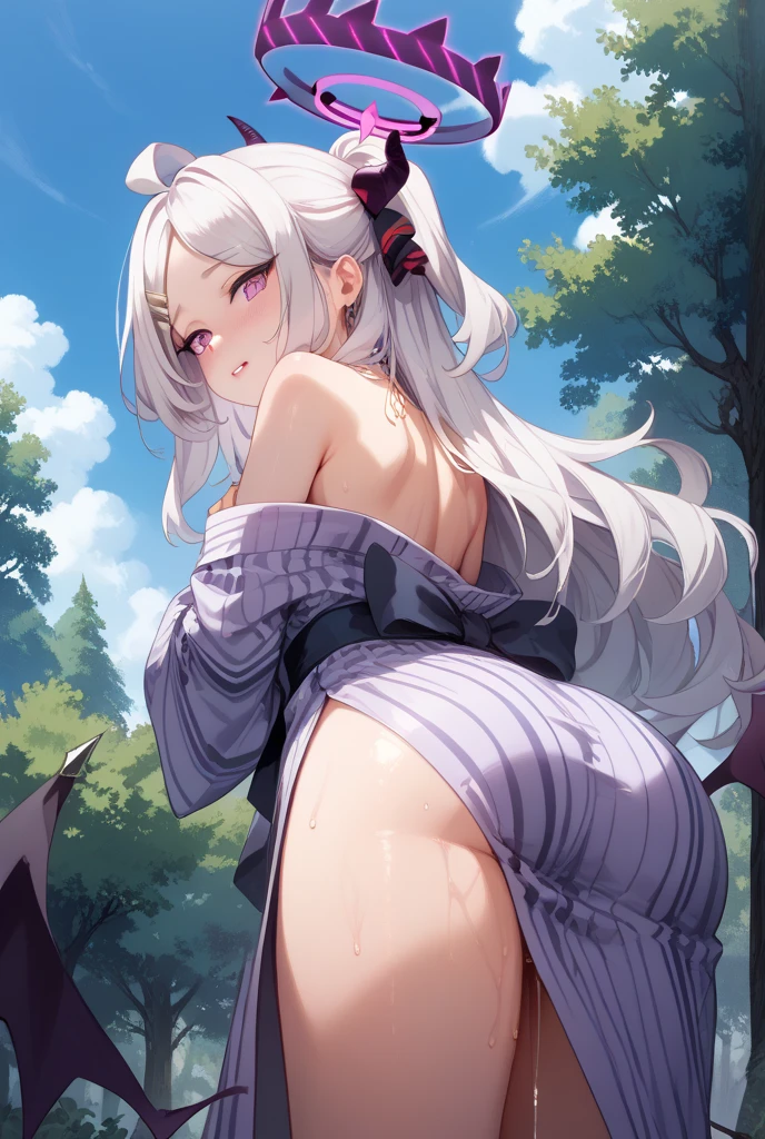 nakedのGray Hairの少女、(Oil, masterpiece, Highest quality, Very detailed, Focus on the characters), Blushing、Detailed facial expressions，Detailed depiction of hair,([return:0.8]|[ face facing returnwards:1.1])、Starry Sky Scenario、Stick your butt out、Night view、Gray Hair、Curly Hair、ponytail、I can see the chikubi、Sweaty、Pee、Large Breasts、naked、tits、Pussy、Zoom to butt、Detailed ass、sweat dripping on my butt、Backwards、Spread your ass crack with your fingers、On all fours、Five fingers、Show me your