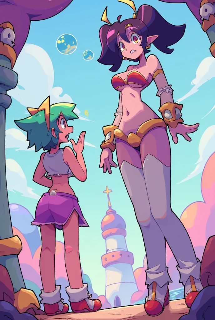 very beautiful and sensual star goddesses facing destiny with a camehame-ha. ((purple vs green color power))