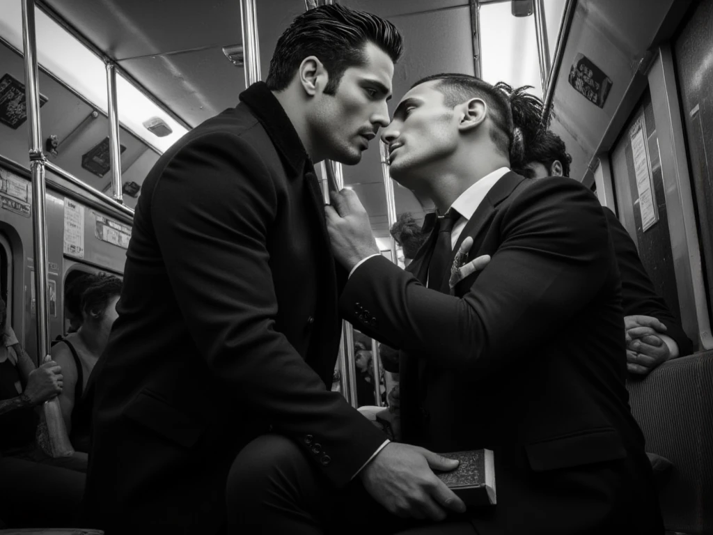 (a realistic depiction of) chris evans being molested in a train by another man, chris evans is being touched by a man, train station, touching from behind, hands on chest and dick, crowded train compartment, dim lighting, intense atmosphere, uncomfortable expressions, anxious eyes, claustrophobic setting, distressed clothing, rugged appearance, realistic portrayal, high-resolution details, artistic rendering, dark color palette, dramatic shadows, dramatic composition, photo-realistic quality