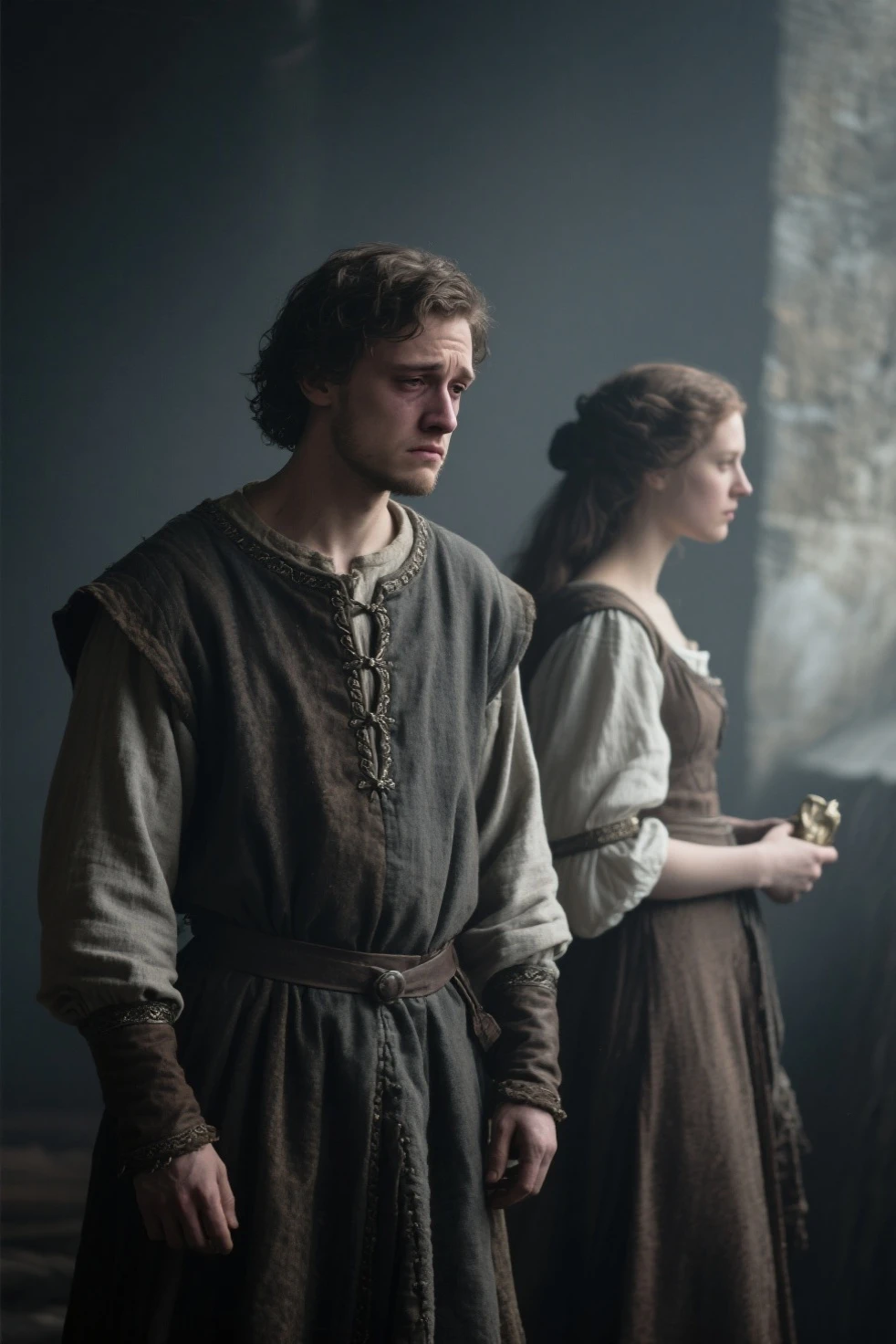 "Envision a scene of valor and love amidst the chaos of battle: see Robb Stark, portrayed by the valiant Richard Madden, holding Joanna Lannister, embodied by the courageous Sadie Sink, in a tender embrace amidst the smoke and clamor of the battlegrounds. With the clash of swords and the roar of war in the background, Robb's smile is a beacon of hope and determination as he holds Joanna close, their love a steadfast anchor amidst the turmoil. Despite the chaos surrounding them, their bond remains unbroken, their spirits undaunted. Let their love shine bright in this moment of resilience and bravery amidst the trials of war." (medieval)