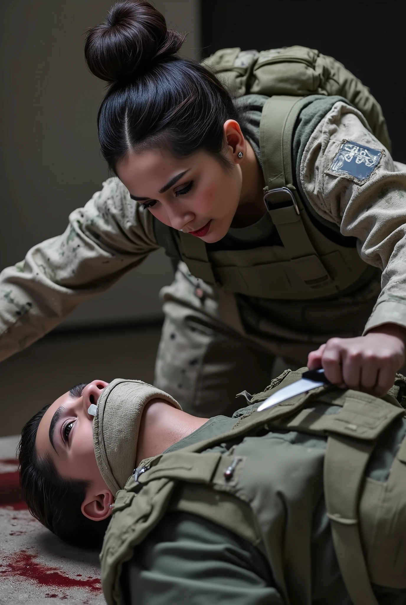 Realistic, real quality, beautiful woman, woman 20 year old, woman cuts neck boy, woman killing boy, blood splashed in neck boy, woman thick hair, woman hair bun very big, boy 25 year old, woman Delta force Camuflase white outfit, woman delta force armor, woman knife, woman complete with combat equipment, boy full face mask bondage